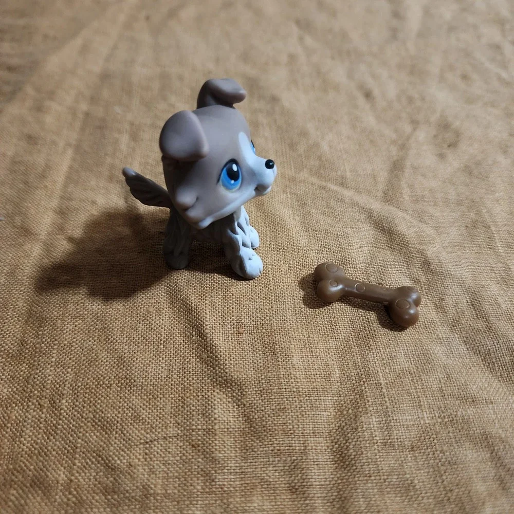 Littlest Pet Shop Border Collie 67 Grey White Blue Eyes Dog Figure with Bone